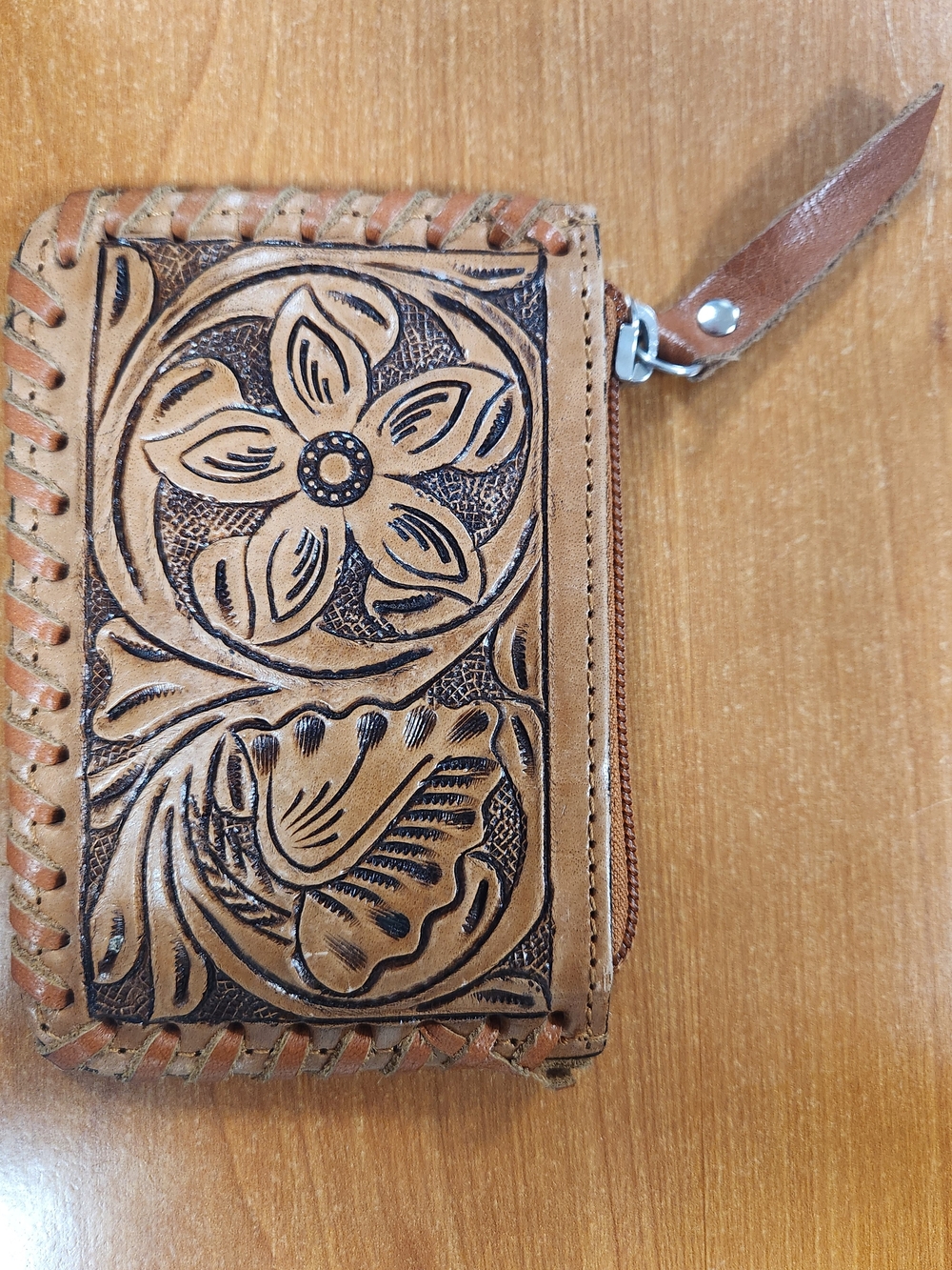 Hand-Tooled Floral Leather Cow Print Zip Coin Purse- Tan